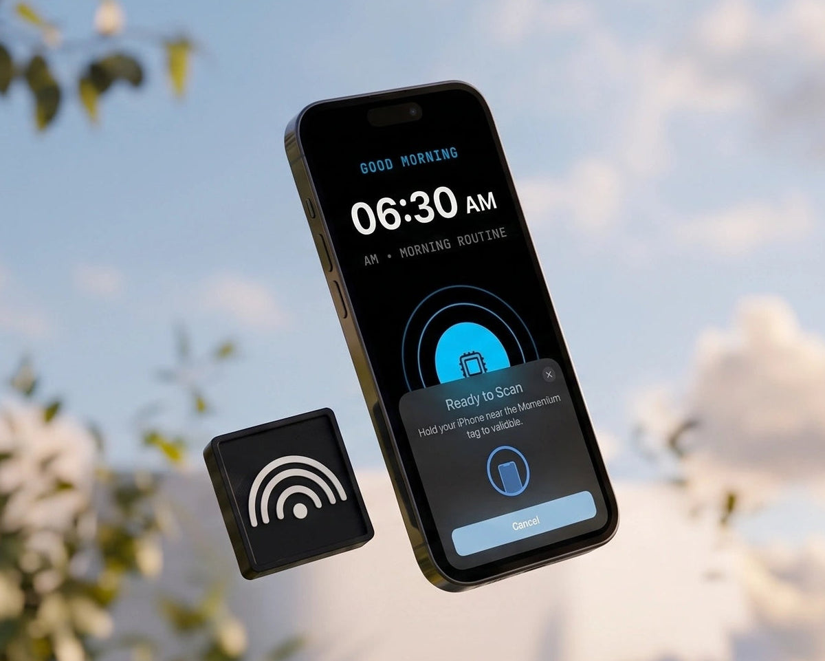 A smartphone and a small square tracker-like device floating against an outdoor sky with clouds and tree branches. The phone screen shows a blue circular tracking interface, and the small device has a white signal-style icon on a black background.
